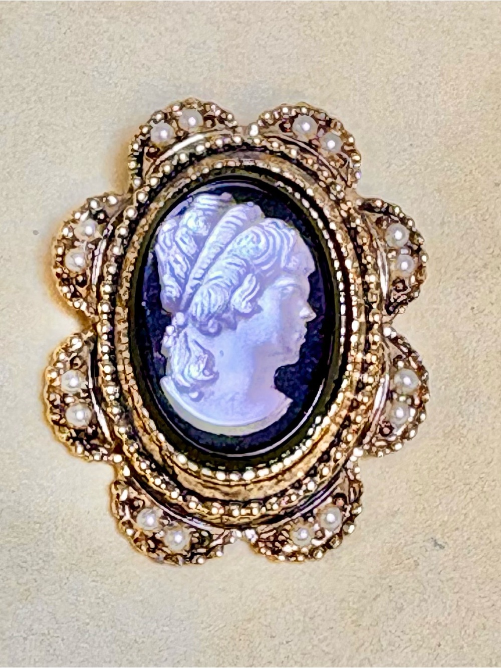 Vintage Gold Abilone Cameo Brooch with Pearl Accents